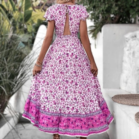 💜 LAST 1 Boho gypsy floral print v neck open back midi dress pink short sleeve - Picture 4 of 4